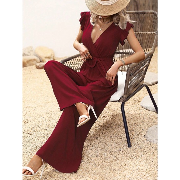 Boho Ruffle Trim Belted Wide Leg Jumpsuit - Picture 3 of 6